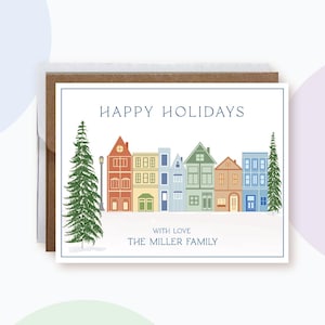 Custom Holiday Village Set of 8 A2 cards, Custom Happy Holidays Card, Seasonal Greetings, Corporate Holiday Christmas Card
