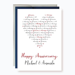 May include: A white card with red hearts and the words "forever & always" repeated in a heart shape. The card says "Happy Anniversary Michael & Amanda".
