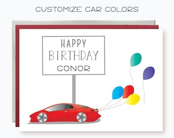 Personalize Car color and Name,  Sports Car with Balloons Happy Birthday Card