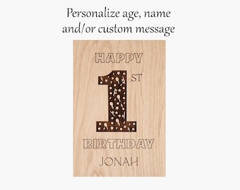 Personalized Wooden Birthday Card, Laser cut milestone birthday card, Engraved wooden birthday card for kids, Customize age and name