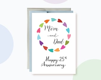 Happy Anniversary Card for Parents, Colorful Hearts Wreath Happy Anniversary Card for Mom and Dad