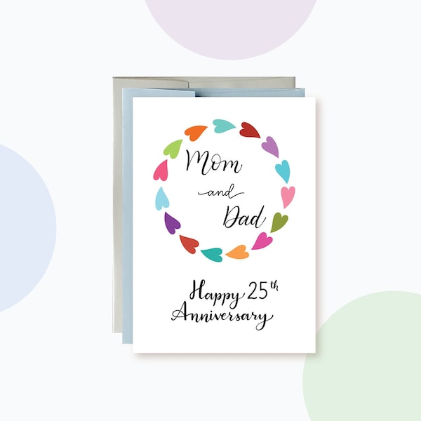 Happy Anniversary Card for Parents, Colorful Hearts Wreath Happy Anniversary Card for Mom and Dad