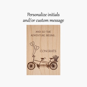 Personalized Tandem Bike card for Wedding Wishes, And so the adventure begins, Laser cut wooden wedding congrats card, Engraved wooden card