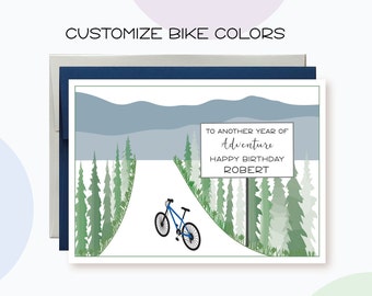 Personalized Adventure Birthday Card, Customize Bike color and Name, Mountains and Trees Birthday Card, Outdoorsy Travel Birthday Card