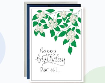 Personalized simple Birthday card for Friend, Birthday card for Mom, Pagoda Leaves and Flowers Birthday Card