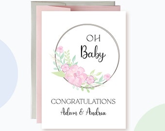 Baby Shower Card Personalized, Wreath with flowers Baby Card, Baby Celebrations Card, Baby Congratulations, Baby Girl Congrats