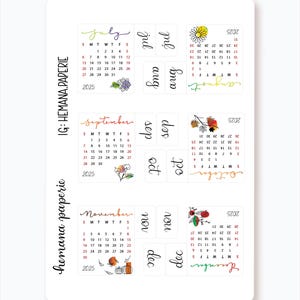 May include: A set of 10 printable planner stickers featuring monthly calendar pages for July through December 2025. Each calendar page is decorated with a floral or autumnal design.