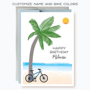 Custom Bike with Beach and Palm Tree Birthday Card, Tropial Birthday Card, Personalize Bike color and Name, Nature and Outdoorsy Card