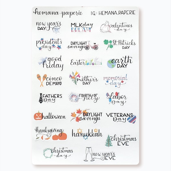 Holiday Planner Stickers, US Holidays, Holiday Icon Journal stickers, Notebook stickers, Academic Planner Stickers, BuJo, Back to School