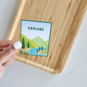 Explore Waterproof Sticker, 2.1x2.5 inch, Mountains and Lake Landscape, Hiking and Camping