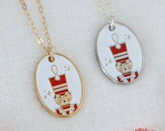 Toy Soldier Enamel Necklace, Oval Pendant Dainty Chain, Theme Park Inspired Necklace Jewelry, Christmas Enamel Charm, Very Merry Party