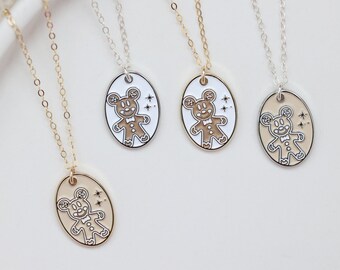 Gingerbread Mickey Enamel Necklace, Oval Pendant Dainty Chain Necklace, Theme Park Inspired Necklace Jewelry, Christmas Enamel Charm