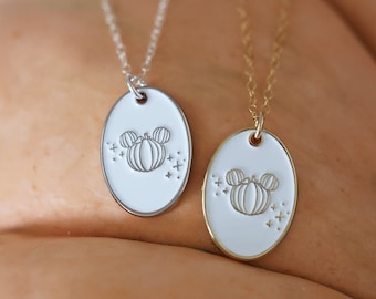 Mickey Pumpkin Enamel Necklace, Oval Pendant Dainty Chain Necklace, Theme Park Inspired Necklace Jewelry, Halloween Enamel Charm for Fall