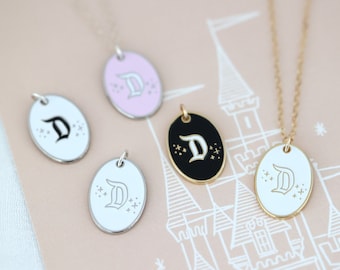 D with Pixie Dust Enamel Necklace, Oval Pendant Dainty Chain Necklace, Minimal Theme Park Jewelry, Enamel Charm, Simple Modern Style