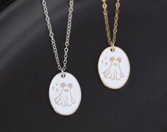 Mickey Ghost Enamel Necklace, Oval Pendant Dainty Chain Necklace, Theme Park Inspired Necklace Jewelry, Gold or Silver Simple Necklace