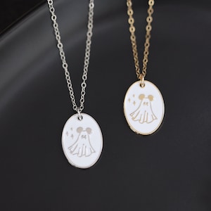 Mickey Ghost Enamel Necklace, Oval Pendant Dainty Chain Necklace, Theme Park Inspired Necklace Jewelry, Gold or Silver Simple Necklace