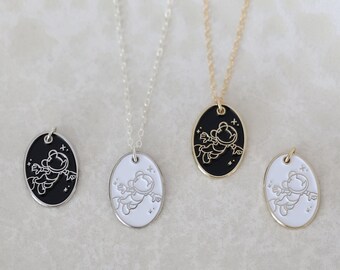 Space Mickey Enamel Necklace, Oval Shaped Pendant Dainty Chain Necklace, Minimal Theme Park Inspired Jewelry, Enamel Astronaut Charm