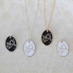 Space Mickey Enamel Necklace, Oval Shaped Pendant Dainty Chain Necklace, Minimal Theme Park Inspired Jewelry, Enamel Astronaut Charm