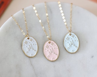 Disney Castle Enamel Necklace, Oval Pendant Dainty Chain, Gold or Silver Necklace, Minimal Theme Park Inspired Necklace, Simple and Subtle