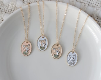 Vintage Style Deer Enamel Necklace, Oval Pendant Dainty Chain Necklace, Theme Park Inspired Necklace Jewelry, Enamel Charm, Disney Inspired