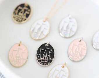 Castle Enamel Charm Necklace, Oval Shaped Pendant Dainty Chain Necklace, Minimal Theme Park Inspired Jewelry, Enamel Castle Charm