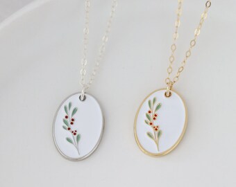 Holiday Hidden Mickey Enamel Necklace, Oval Pendant Dainty Chain Necklace, Theme Park Inspired Necklace Jewelry, Christmas Enamel Charm