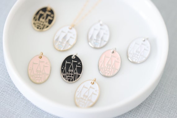 Castle Enamel Charm Necklace, Oval Shaped Pendant Dainty Chain Necklace, Minimal Theme Park Inspired Jewelry, Enamel Castle Charm