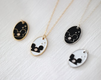 Mickey Park Hat Enamel Necklace, Oval Pendant Dainty Chain Necklace, Theme Park Inspired Necklace Jewelry, Enamel Charm