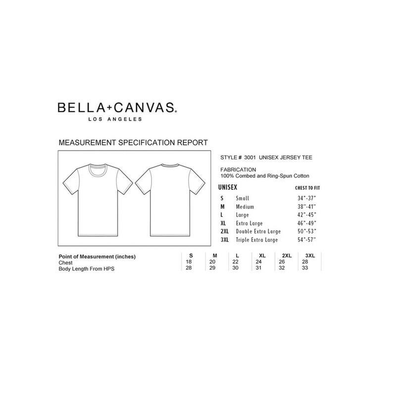May include: White graphic t-shirt with a measurement specification report. The report includes chest and body length measurements in inches for sizes S to 3XL. The shirt is made of 100% combed and ring-spun cotton.