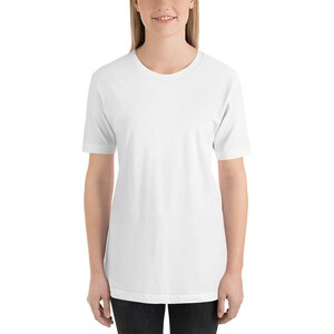 May include: A plain white t-shirt with short sleeves and a crew neck.