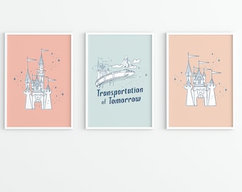 Disney Castles and Monorail Art Prints, Vintage Style Disneyland Art, Retro Disney World Print, 8x10 and 5x7 Castle and Monorail Designs