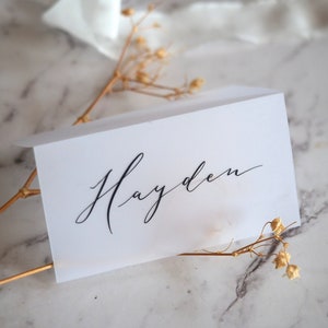 Calligraphy/Handwritten wedding + event place cards in modern calligraphy, on frosted thin acrylic sheet. Black/White/Gold/Rose Gold ink