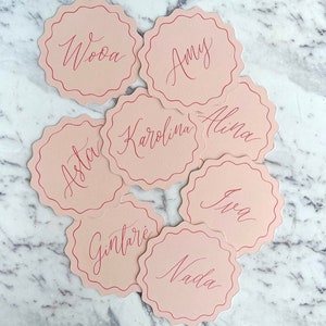 Wavy Blush Pink place cards Wedding/Events/Hens/Bridal party | Handwritten in modern calligraphy | 2 styles available | Ink colours to suit