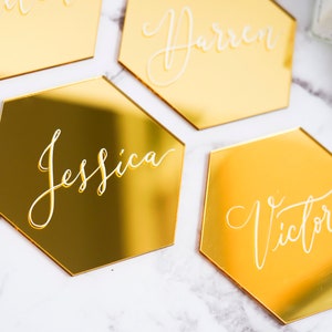 Calligraphy/Handwritten Hexagon GOLD Mirror Acrylic/perspex wedding/event place cards, name cards in modern calligraphy