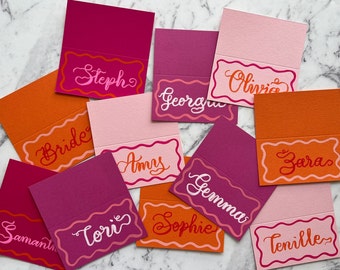Wavy COLOUR POP place cards Wedding/Events/Hens/Bridal shower |  Handwritten modern calligraphy | Flat or Tent card | Many colours to choose