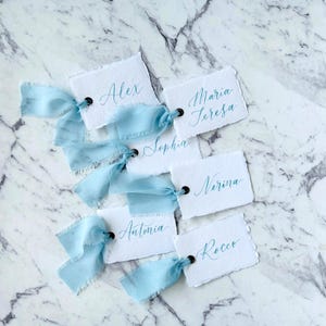 Handwritten Baby Blue Cotton Deckle Edge handmade place cards & ribbon wedding, event, christening. Personalised and other colours available