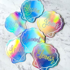 Personalise Holographic SEASHELL place cards Wedding/Events/Hens/Bridal/Party, Handwritten modern lettering Bright or Pastel Colour Names