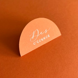 Personalised Orange or Rust Semi-circle taco place cards Wedding Bridal Party Handwritten calligraphy in Silver Gold Rose Gold Foil or ink