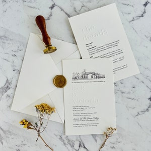 Letterpress Wedding Invitation | Embossed names/initials | Full colour digital printed wordings on 100% cotton White 300gsm card | 180x120mm