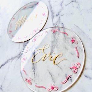 Personalise Ribbon Calligraphy Acrylic Coaster wedding, birthday place cards in wavy calligraphy ribbon illustration. 10cm circle