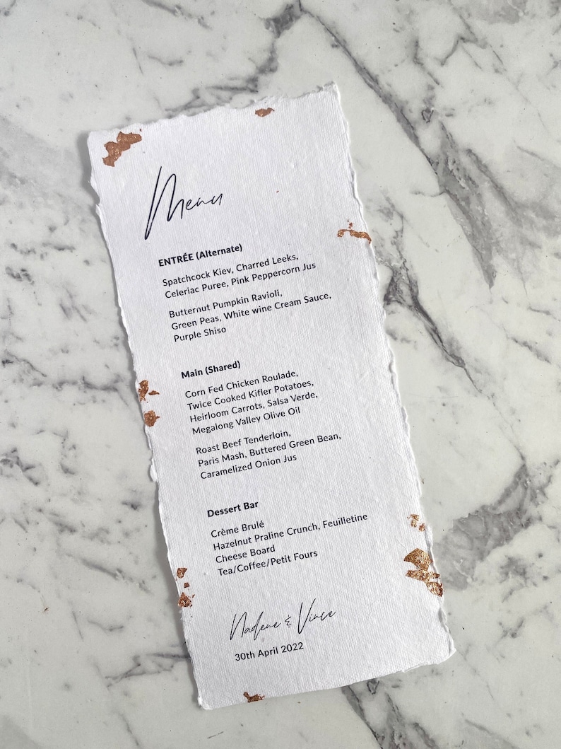 Menus for Wedding/event With GOLD/ROSE GOLD Leaf or Plain. Handmade ...
