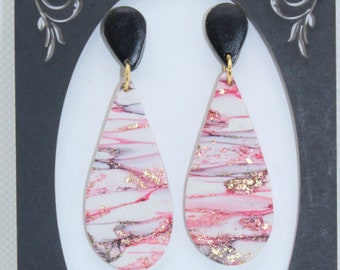 Teardrop dangles red, gold, black marble earrings