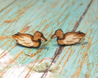 wood cute small duck fowl, hypoallergic Stud push back earring