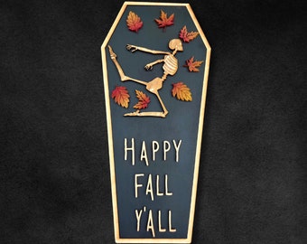 3D FULLY CUSTOMIZABLE, Fall sign Happy Fall Yall, Halloween Decor, Halloween Gift,  Halloween Home Decor, Skeleton Art, Halloween Wall Art