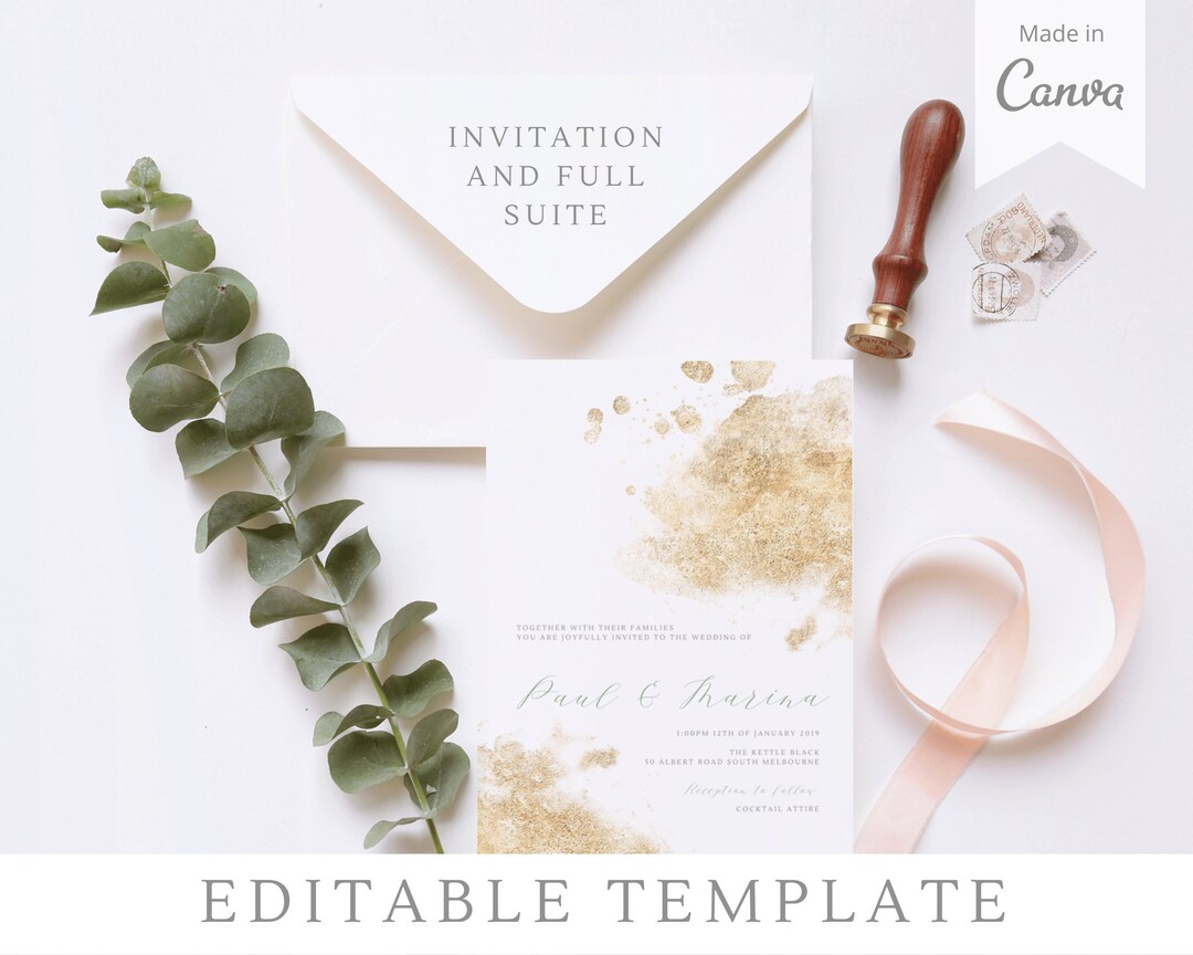 Gold Splash Wedding Invitation Suite Canva Template Fine Art DIY Simple ...