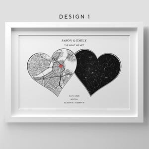 Może przedstawiać: Oprawiony wydruk z dwoma wzorami w kształcie serca. Jedno serce przedstawia mapę miasta, drugie mapę gwiazd. Tekst zawiera "JASON & EMILY THE NIGHT WE MET" i szczegóły lokalizacji. Biała ramka.