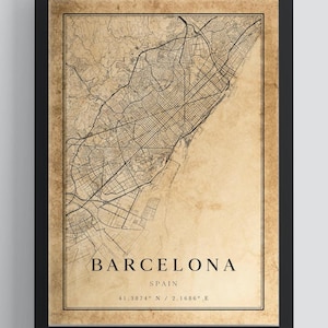 Könnte beinhalten: Gerahmter Kunstdruck im Vintage-Stil von Barcelona, Spanien. Die schwarz-weiße Karte ist vor einem sepiafarbenen Hintergrund. Der Name der Stadt und die Koordinaten werden unten angezeigt. Der Rahmen ist schwarz, und der Text "DESIGN 3 - VINTAGE" steht oben.