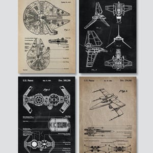 May include: Four framed patent prints showcasing detailed schematics of spaceships. The prints feature the Millennium Falcon, a shuttle, a TIE fighter, and an X-wing, all in a vintage style with technical diagrams and text.