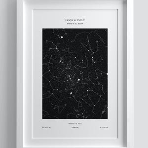 May include: A framed print featuring a star map with the text "JASON & EMILY WHERE IT ALL BEGAN." The date "AUGUST 15, 2015" and location "LONDON" are also displayed. The print is in a white frame and labeled "DESIGN 3".