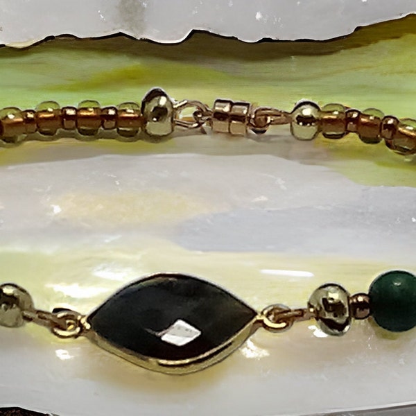 Transformation: Tet Hebrew Letter Bracelet; Gemstones- Labordite, Emerald, Flourite